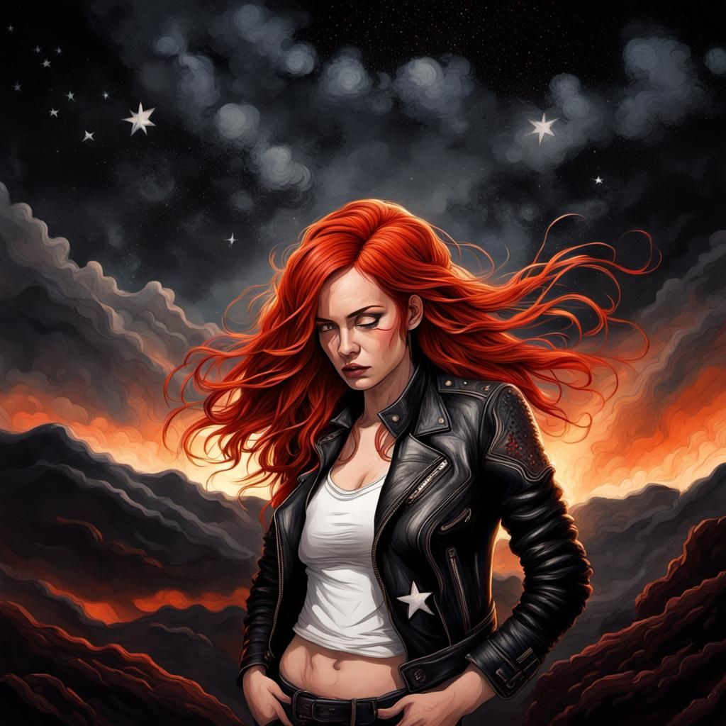 Fiery Haired Woman in Pyrography Style