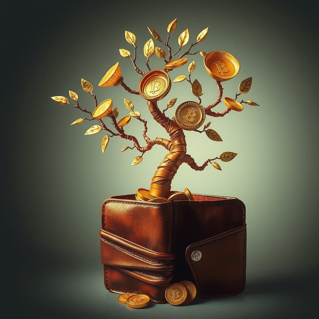 Whimsical Tree Emerges From Wallet, Fantasy Illustration