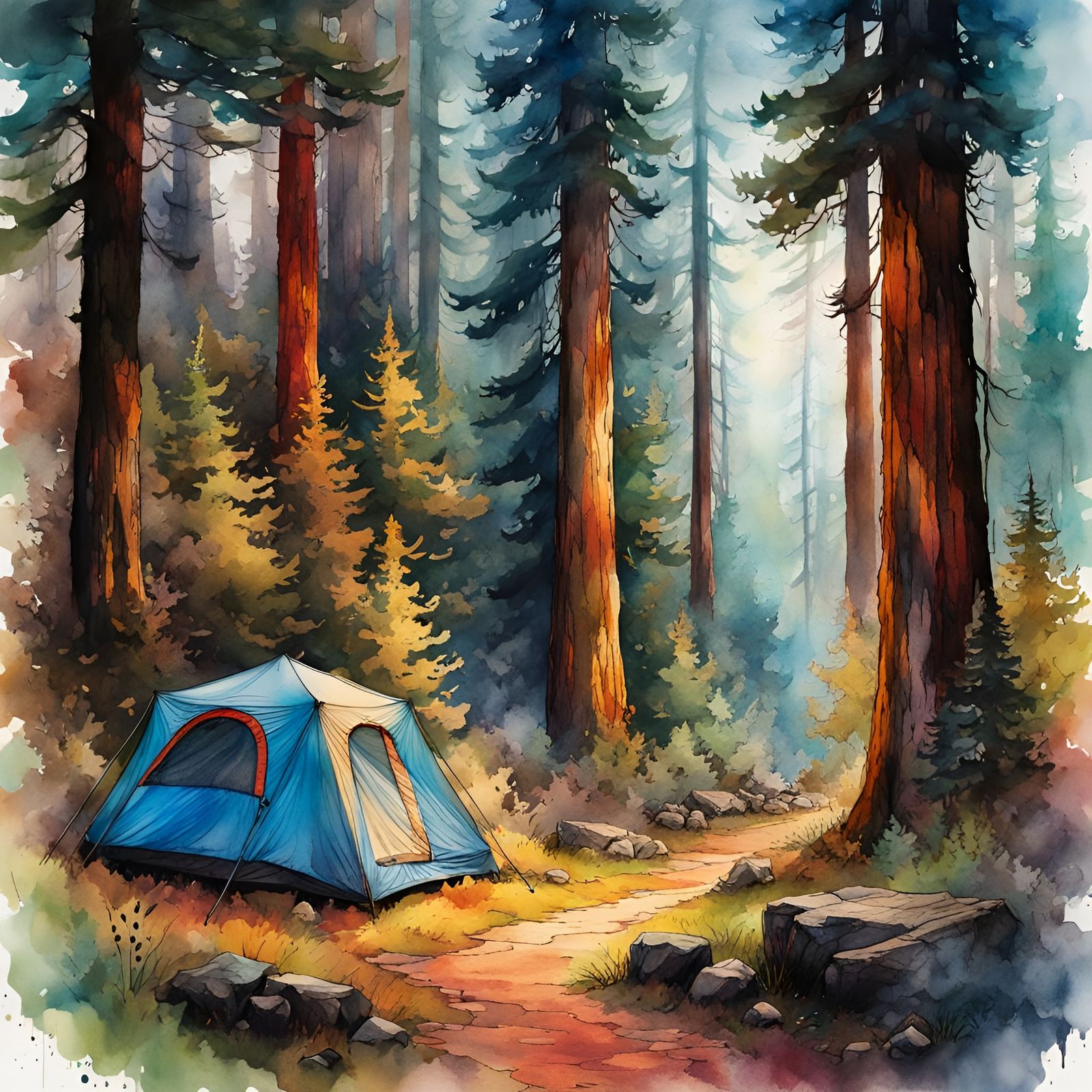 Redwood Campground: Ink and Watercolor Illustration