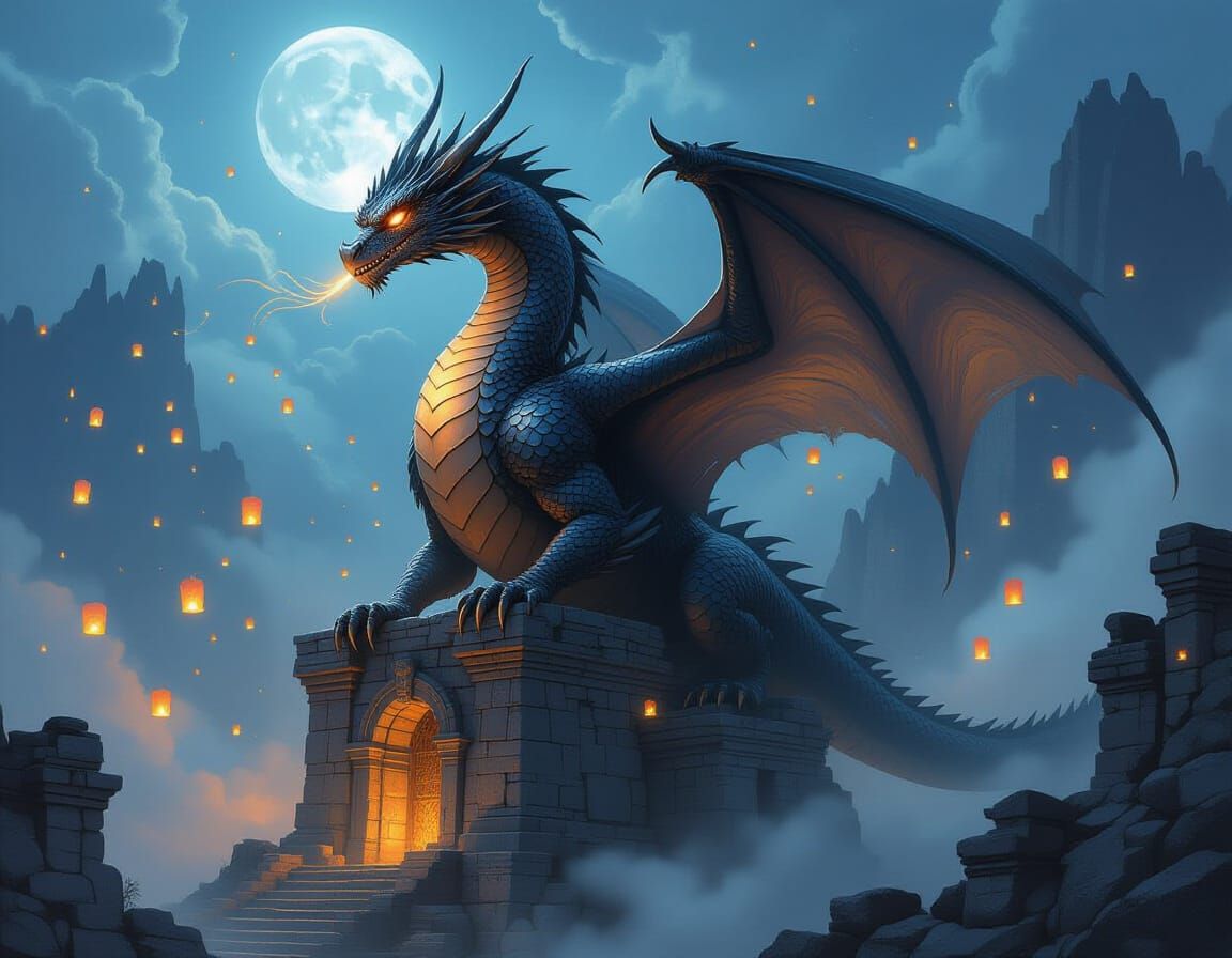 Obsidian Dragon Perched Atop Ancient Ruin