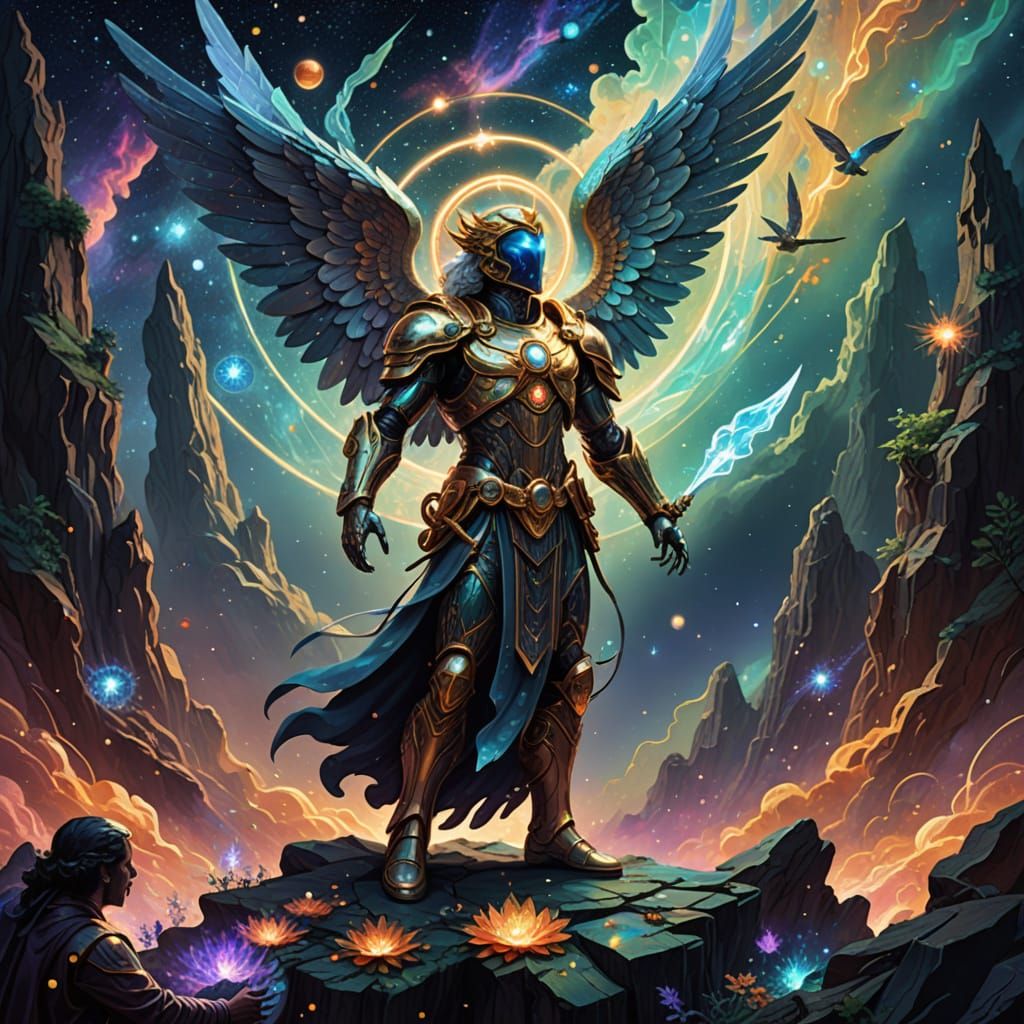 Cosmic Shem Angel Summoning in Vibrant Holographic Style