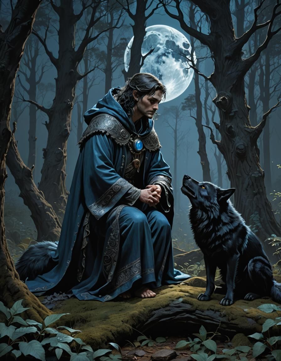 Weary Fae Traveler with Wolf in Dark Forest