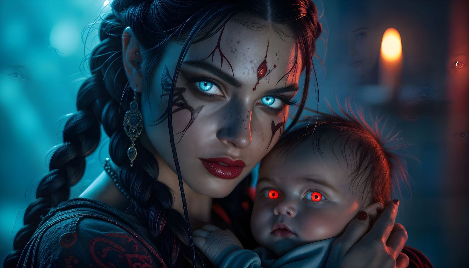 Demonic Mother Holds Baby with Vivid Eyes