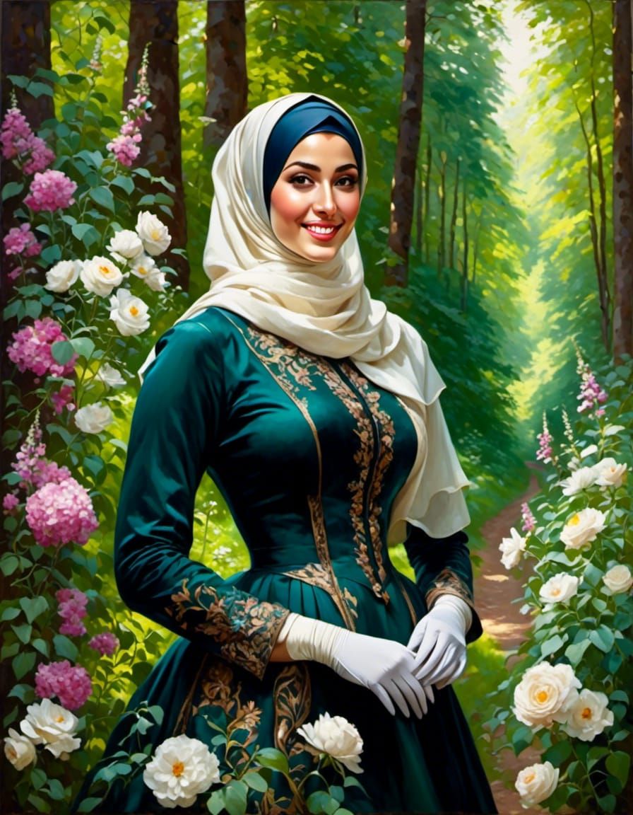 Victorian Woman in Hijab in Lush Forest Oil Painting