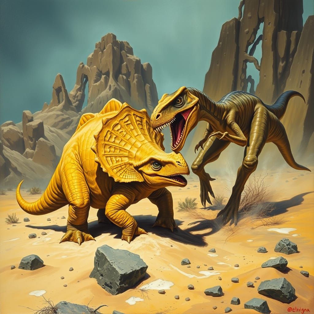 Armored Protoceratops vs. Velociraptor in Desert