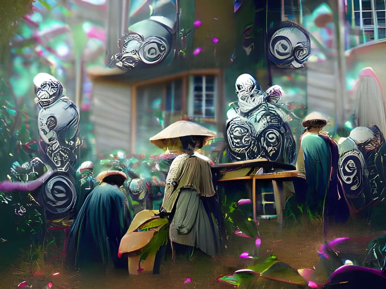 Edo Period Village with Steampunk Robots in Art Nouveau