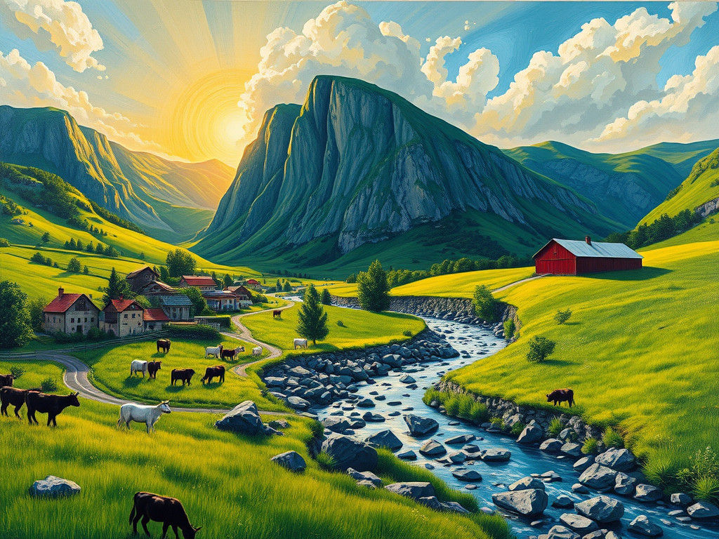 Vibrant Meadow Village at Mountain Foot, in Fauvist Style