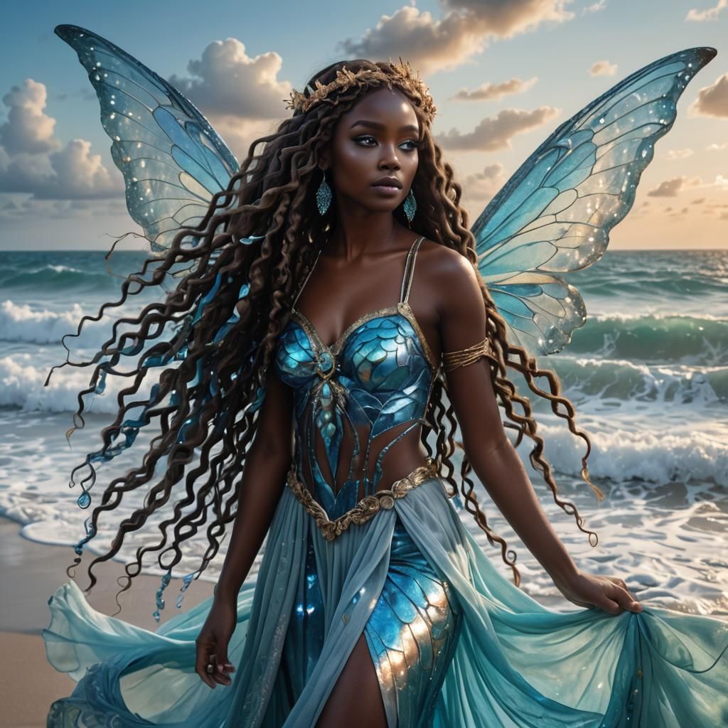 Ethereal Fairy Girl with Ocean-Inspired Wings