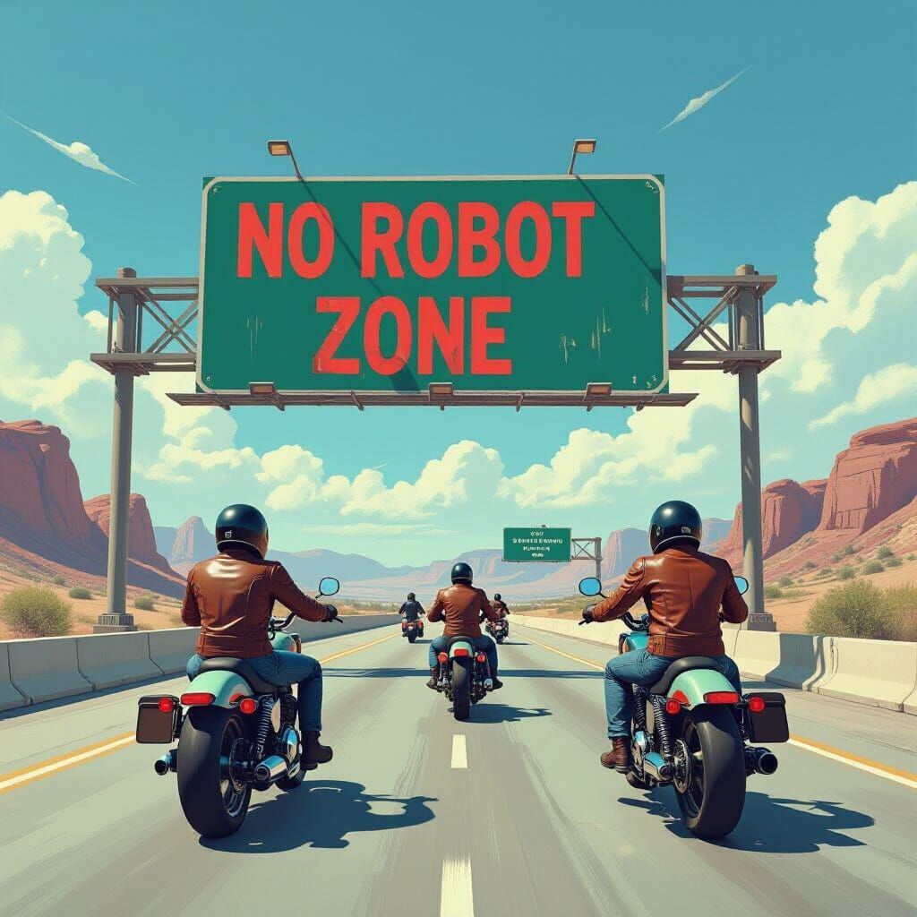 Bikers Approaching No Robot Zone in Dystopian Future