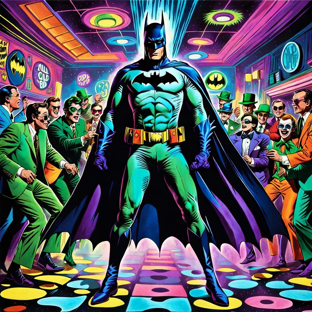 psychedelic 1966 Batman going insane on the dance floor and fighting villains joker and riddler, onomatopoeia words POW,...