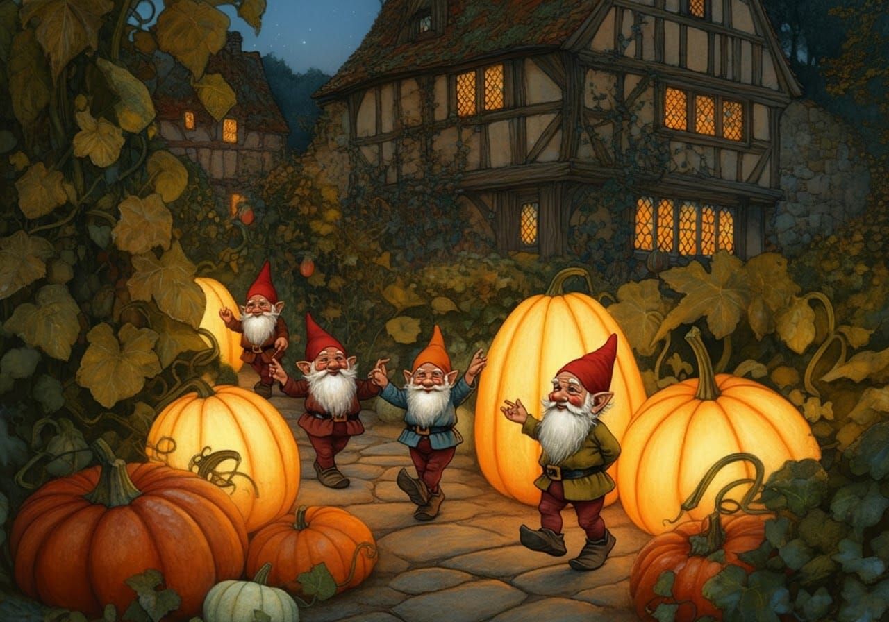 Gnomes Dancing in a Moonlit Garden