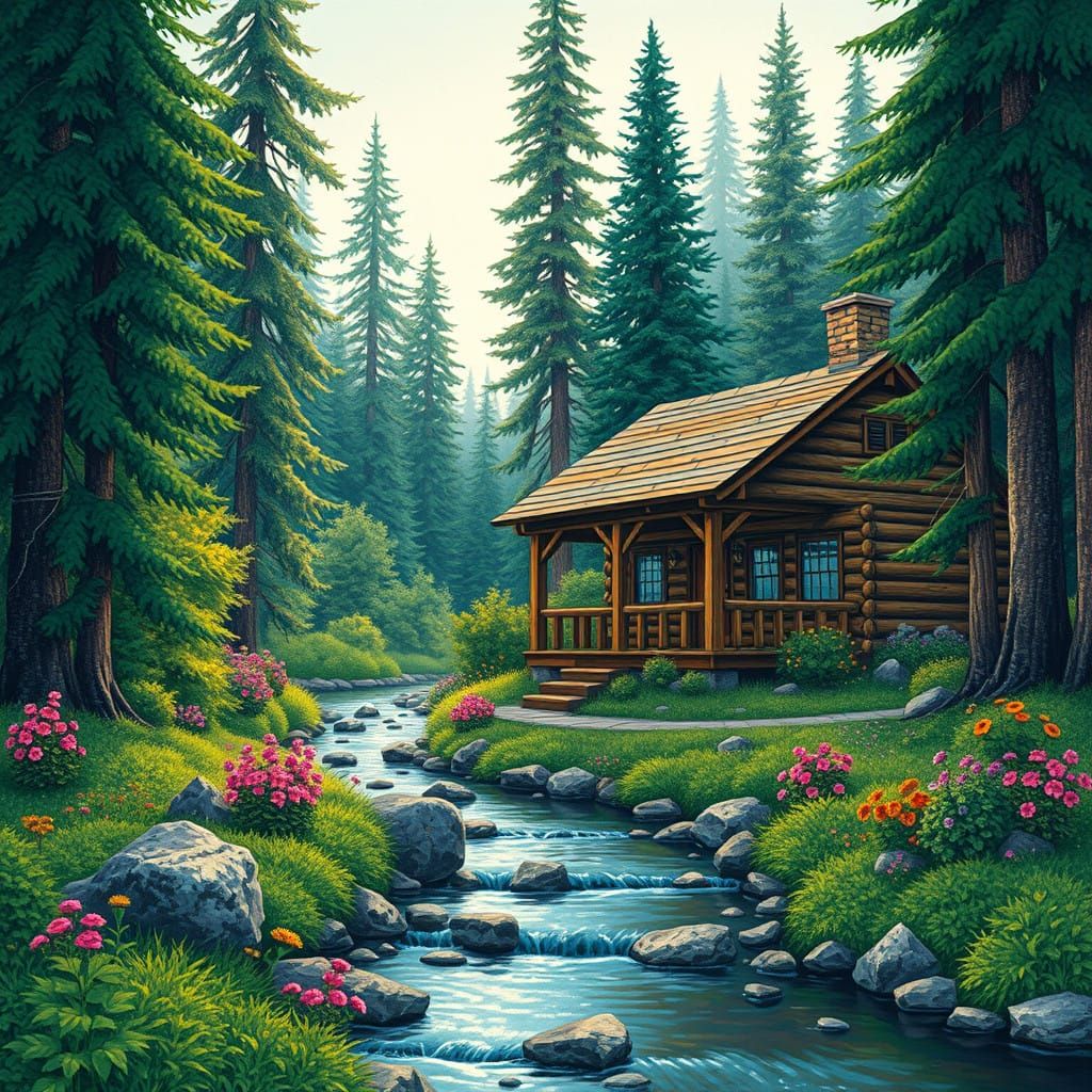 Serene Forest Scene in Pointillist Style