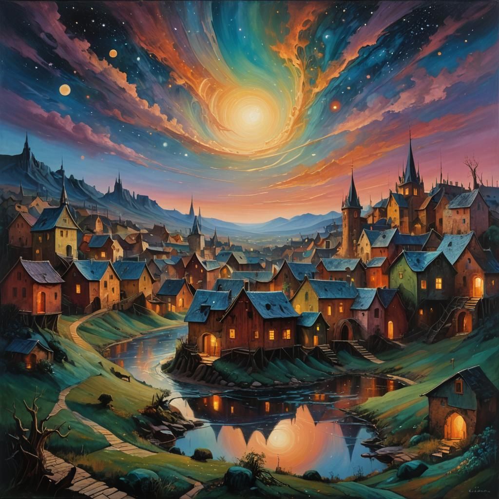 Mystical Village Under Starry Sky as Oil Painting