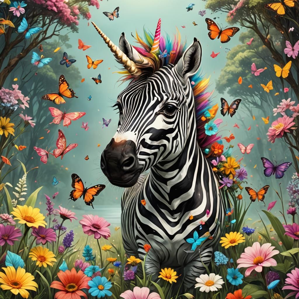 Unicorn zebra with colourful rainbow stripe stripes