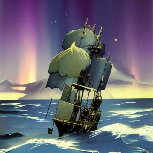 16k resolution, art by Frank Frazetta. A penguin pirate ship...