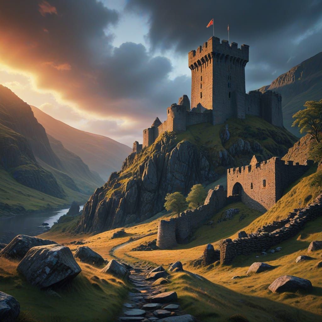 Dolbadarn Castle Panorama in Dramatic Fantasy Art Style