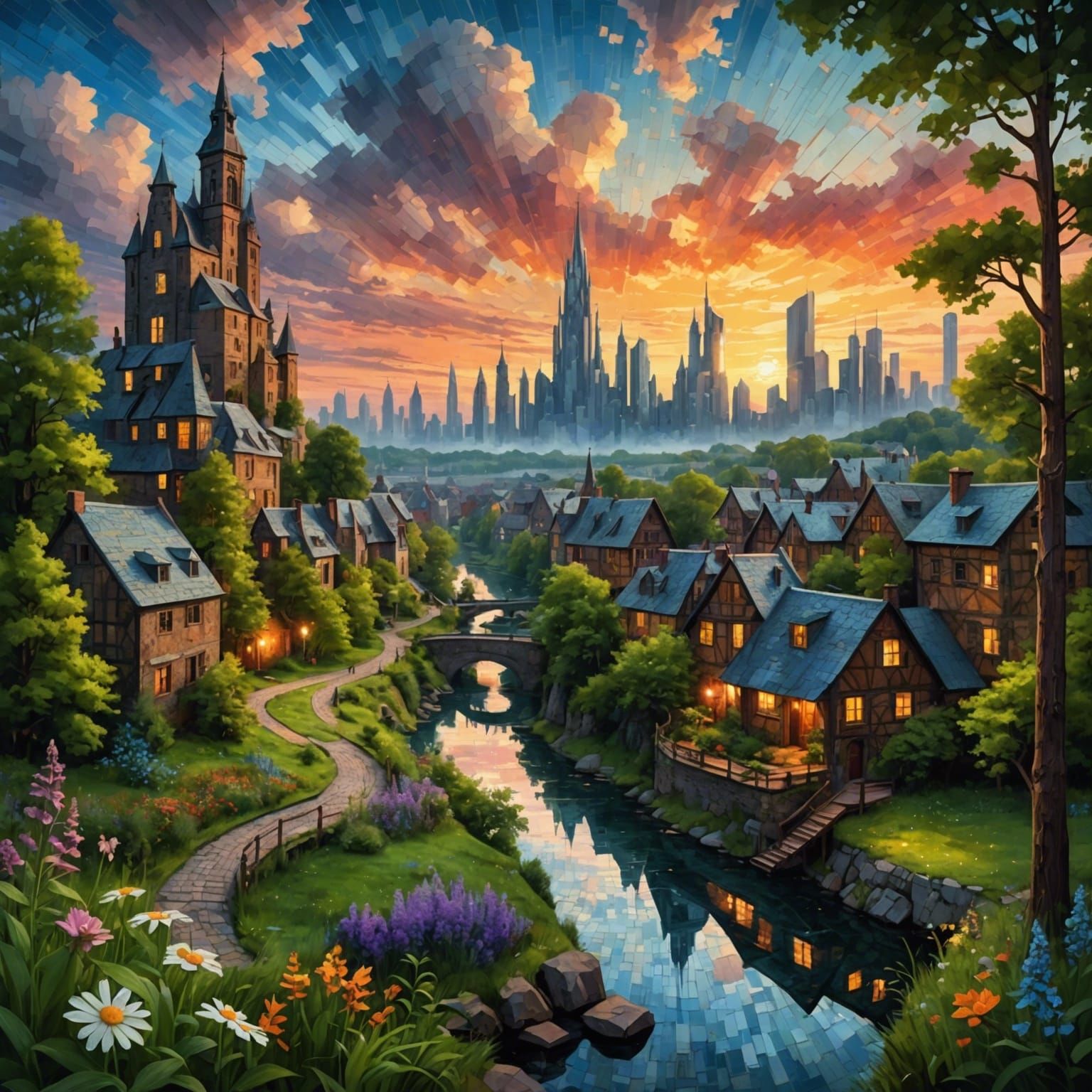Utopian Cityscape at Twilight: A Digital Painting