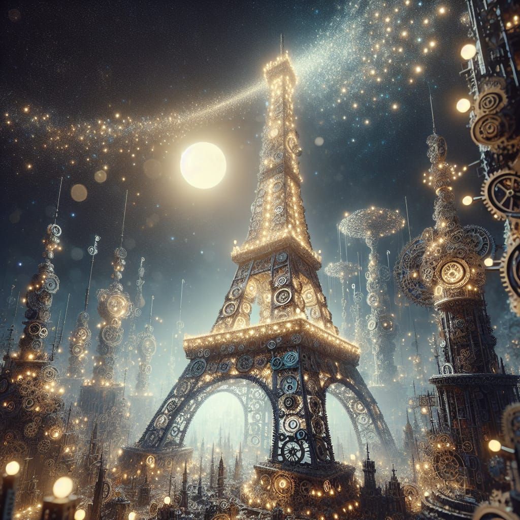 Steampunk Eiffel Tower Moonrise: Romantic Oil Painting