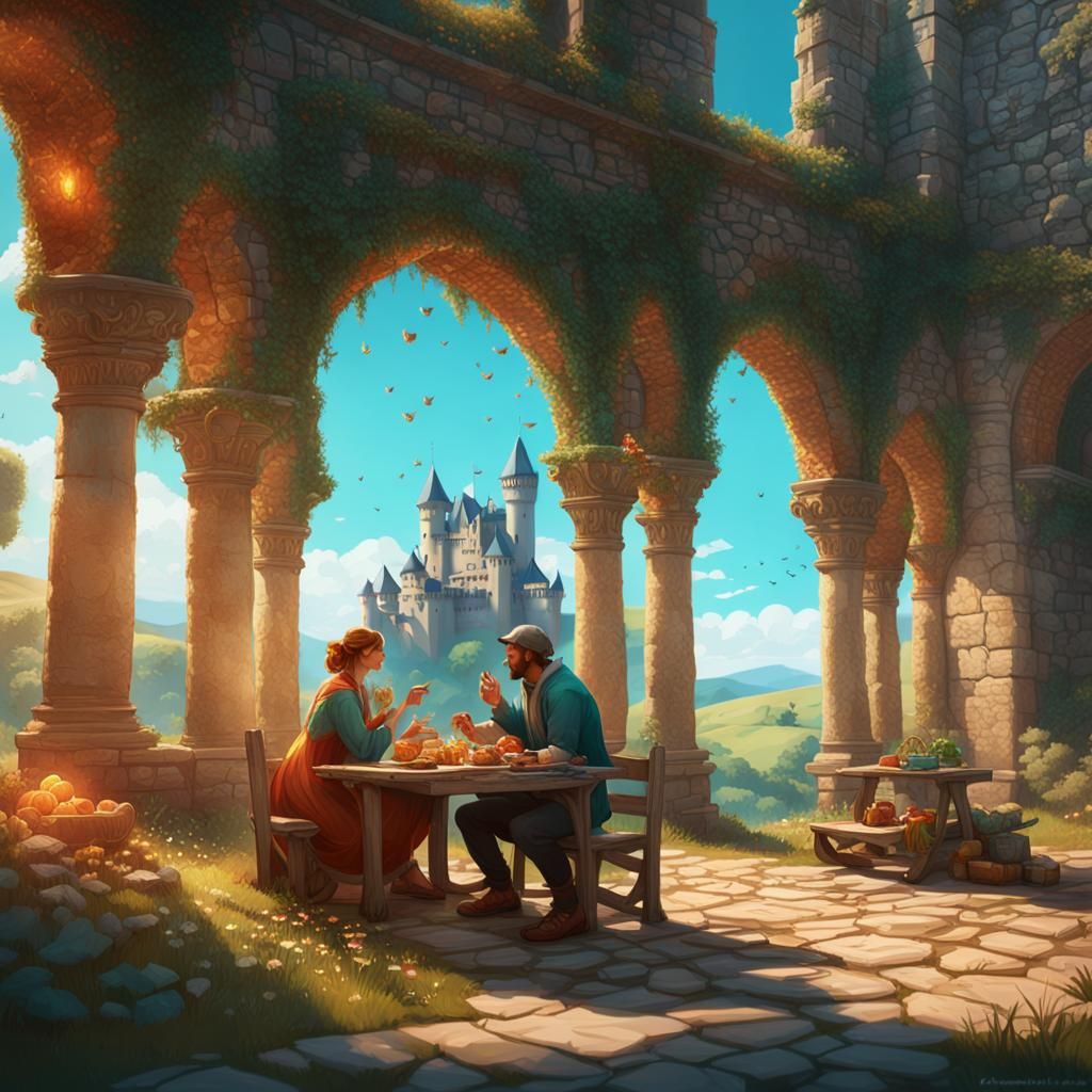 Couple's Picnic at Castle Ruins: Digital Concept Art