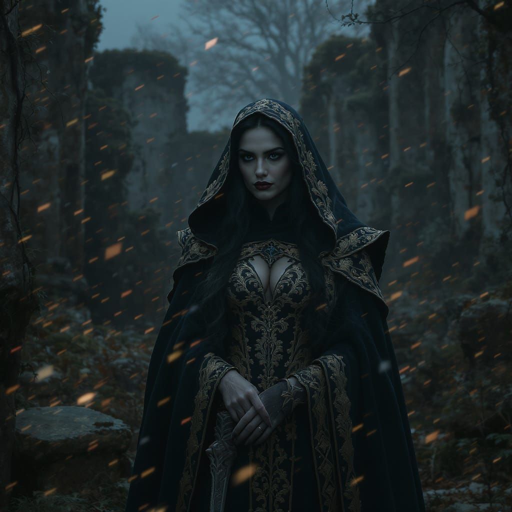Fantasy Sorceress in Ancient Castle Ruins