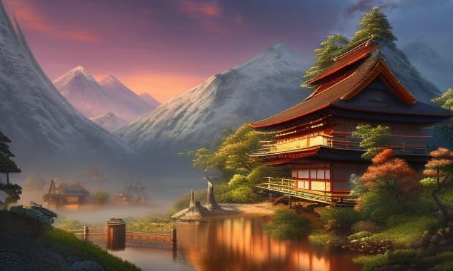 Japanese Village at Sunset: Detailed Matte Painting