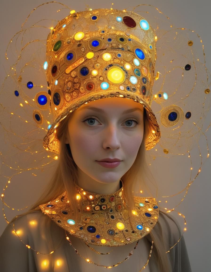 Glowing Klimt-Inspired Hat on Display