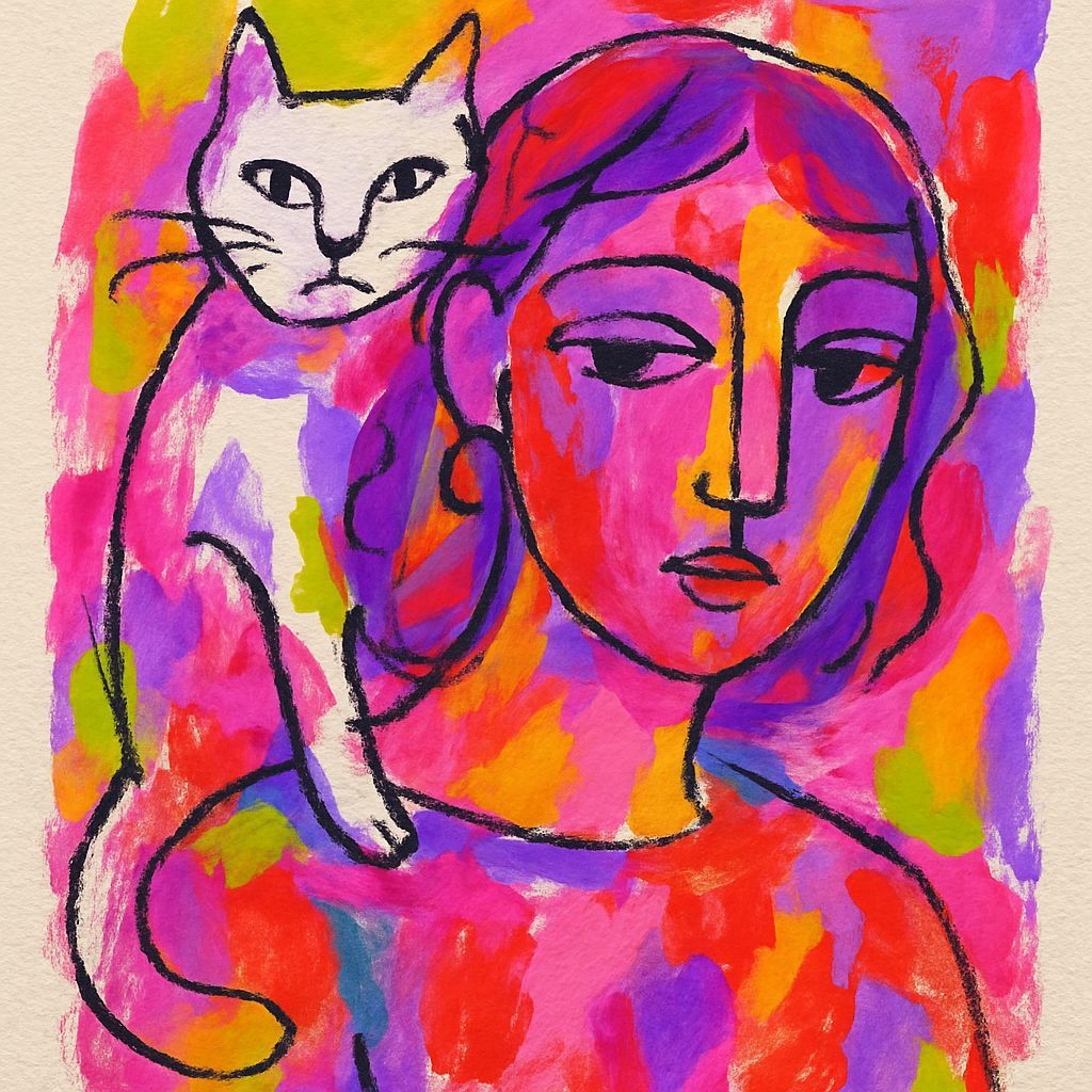 Abstract Gouache Painting of Woman with Cat