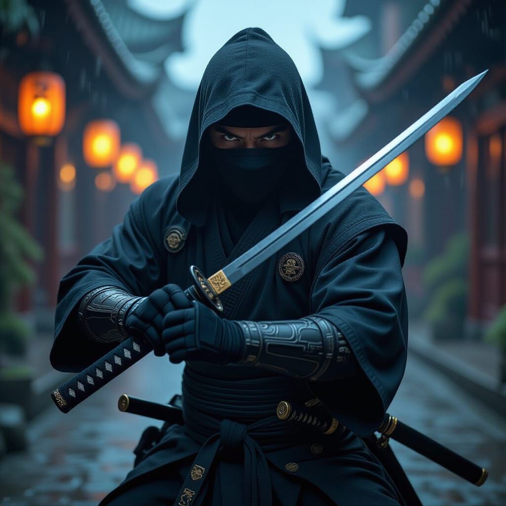 Stealthy Ninja Warrior Holding Intricate Katana