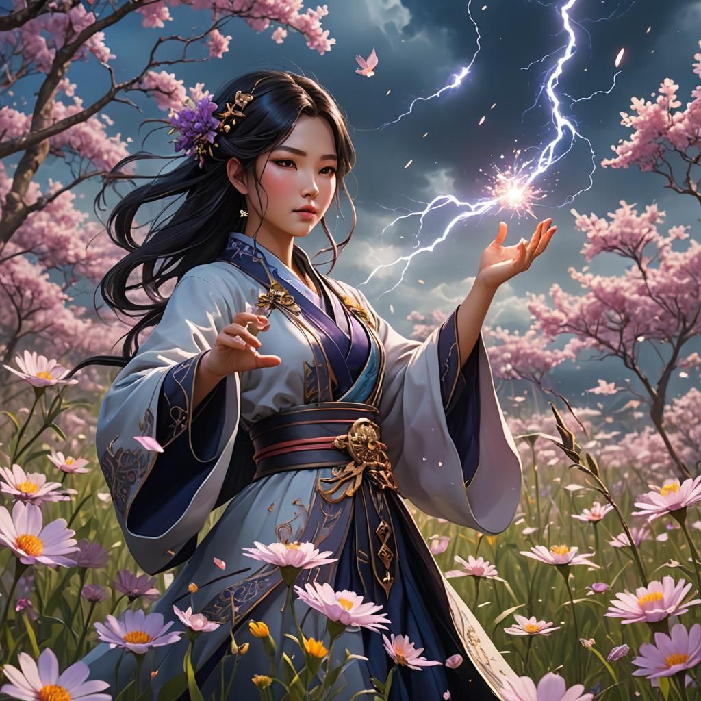 Beautiful Asian Sorceress Casting Spell, 3D Anime Art