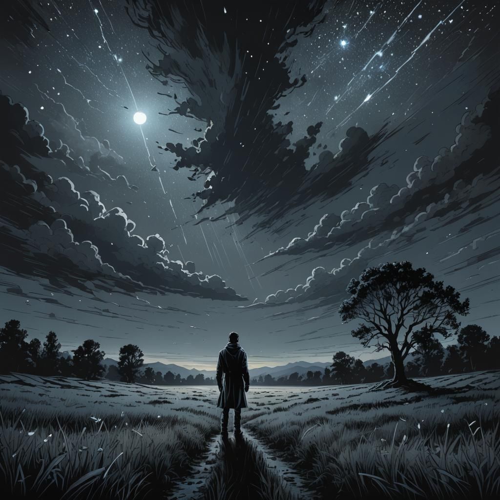 Lone Figure Gazing into Night in Comic Book Art