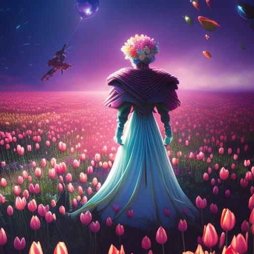 Little Prince in a Tulip Fantasy Landscape