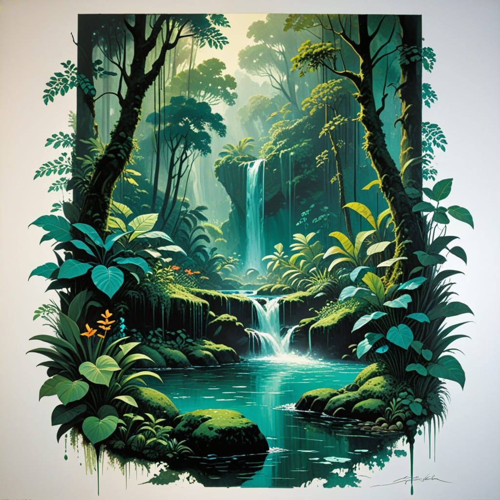 Lush Jungle Waterfall Glade in Oil Paint Style