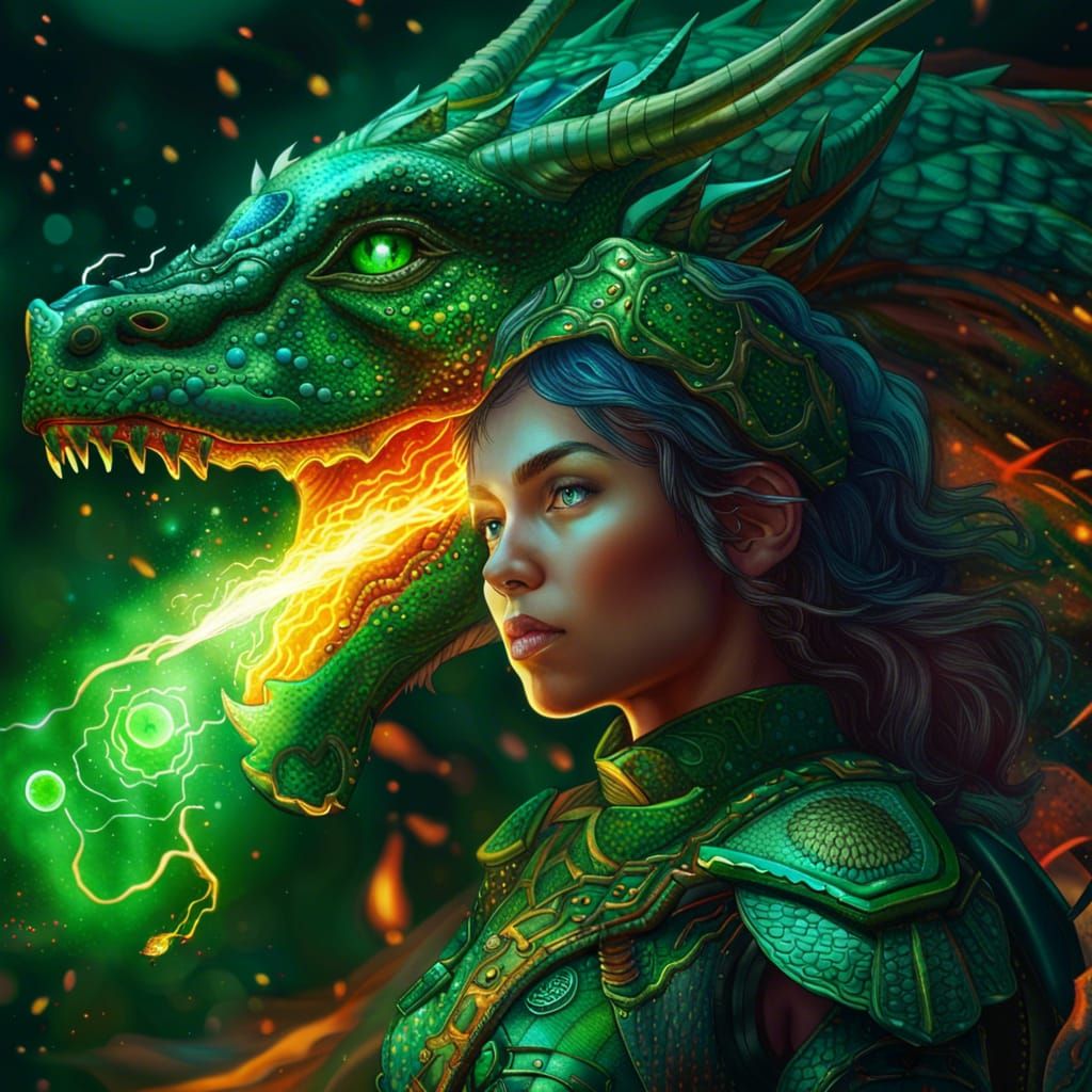Armored Girl on Fire Dragon: Cosmic Illustration