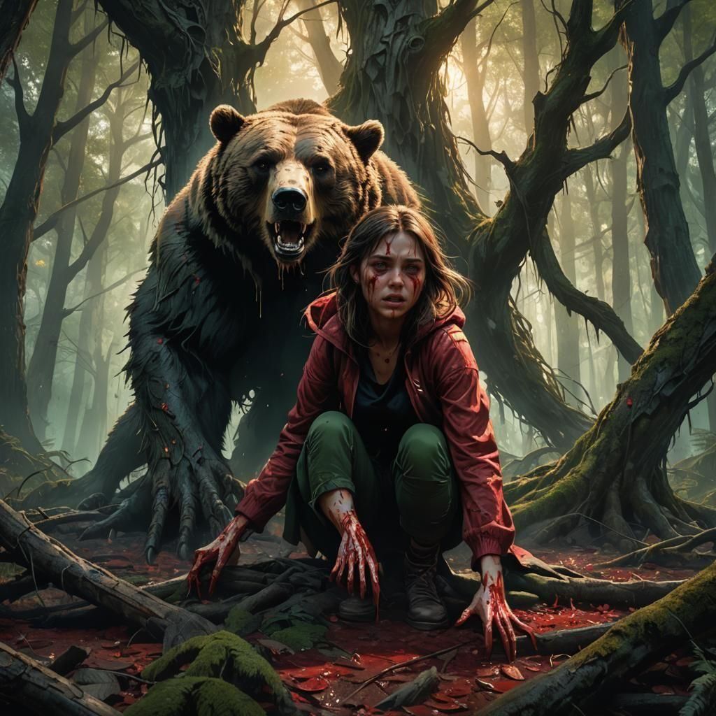 Graphic Image of Girl Injured by Bear in Matte Painting