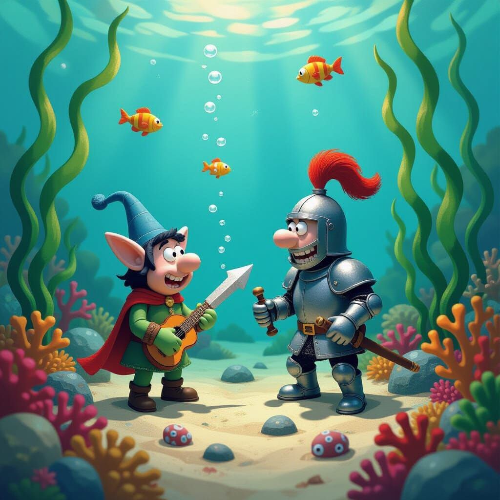 Underwater Goblin Knight Orchestra in Surrealist Style