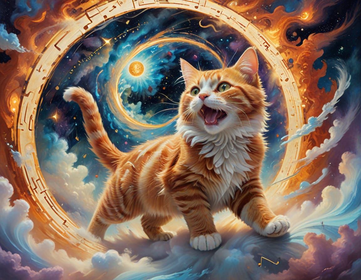 Ginger Tabby Cat Soaring Through Quantum Portal