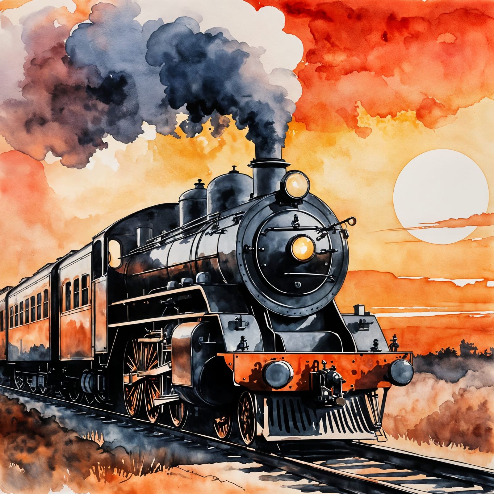 Steam Train Silhouetted at Sunset in Watercolor Style