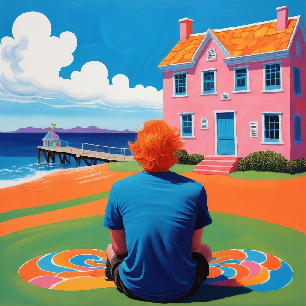 Sitting Man Surrounded by Vibrant Candyland Wonderland