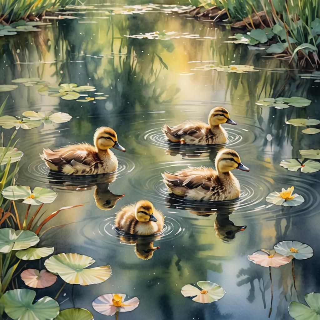 Whimsical Ducklings on Pond in Watercolor Painting
