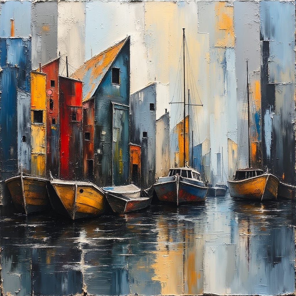 Geometric Abstraction of an Old Harbor in Oil Paint