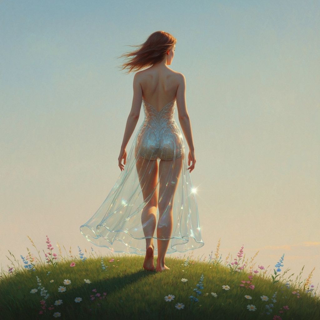 Glass Gown on Verdant Hillock in Ethereal Oil Painting Style