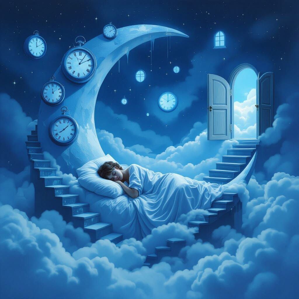 Surreal Dreamscape with Sleeping Figure on Moon