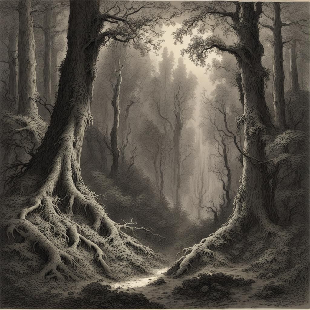 Gothic Forest Engraving with Sunlight