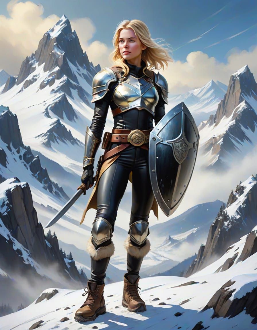 Ethereal Blonde Woman Warrior on Snowy Mountain