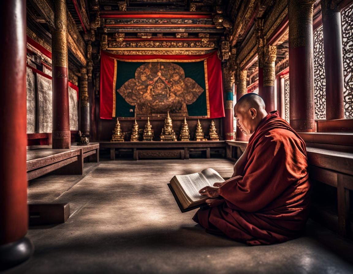 Tibetan Monk Reads Ancient Manuscripts in Temple