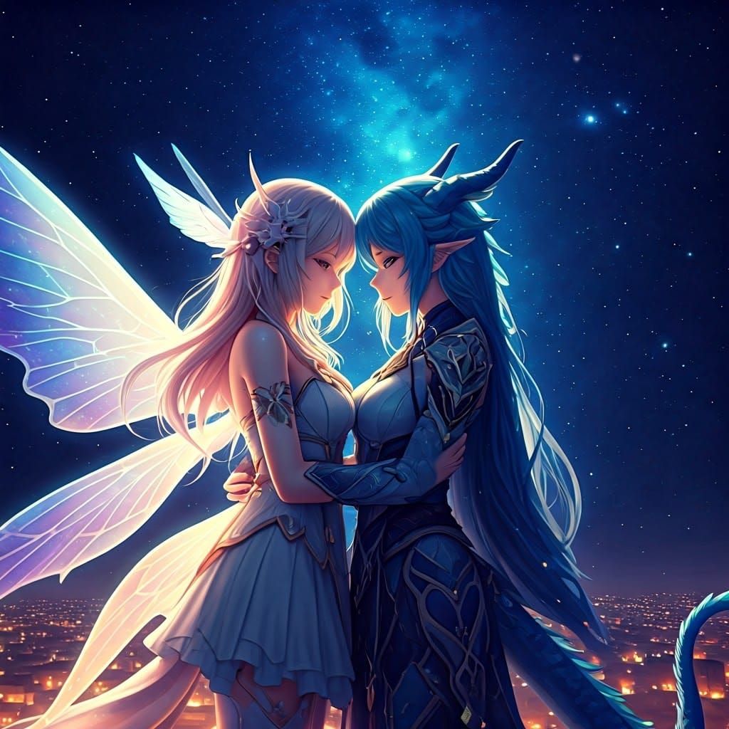 Starry Night Fairy and Dragon Couple in Anime Style