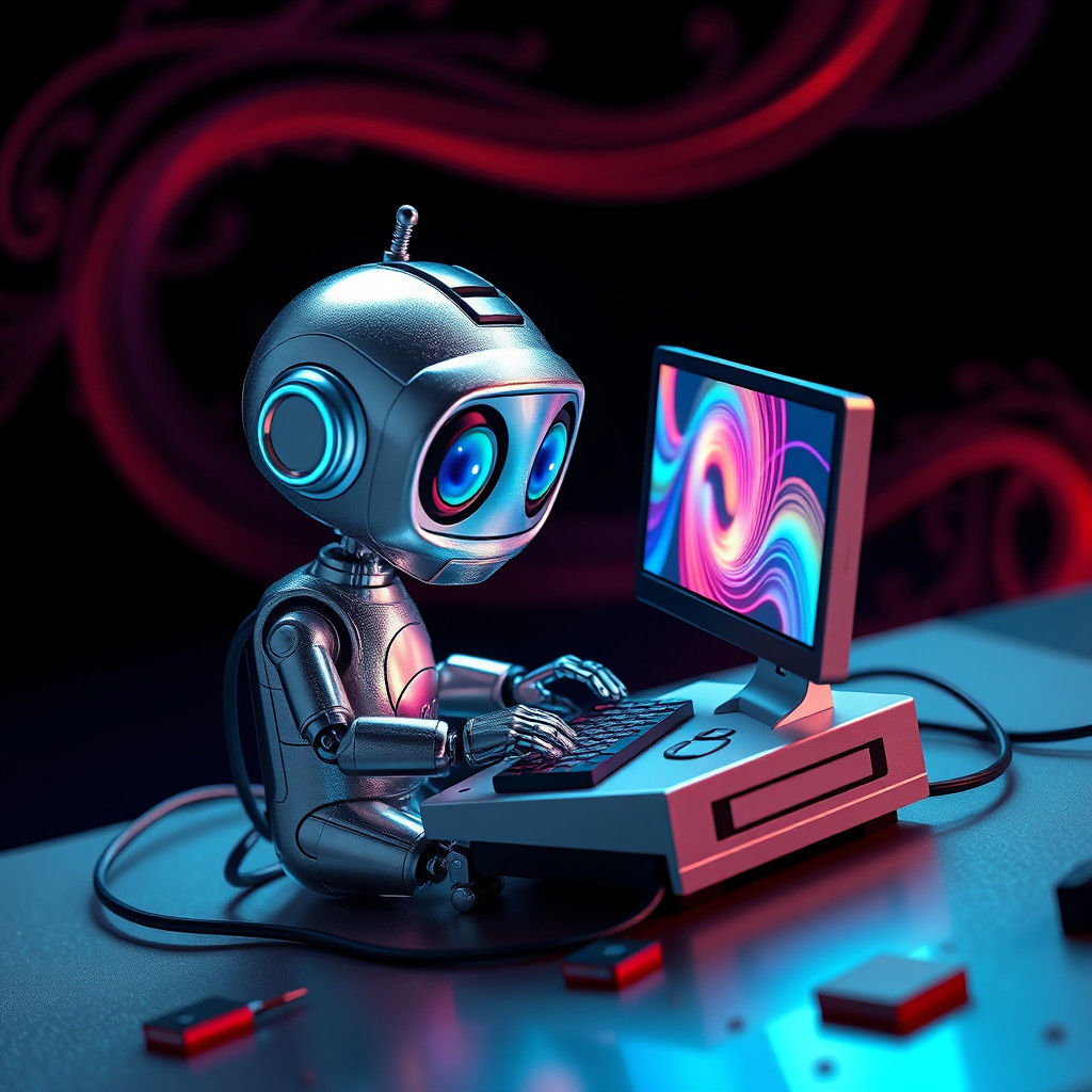 Tiny Robot Learns Computing in Dreamlike Cyberpunk Style