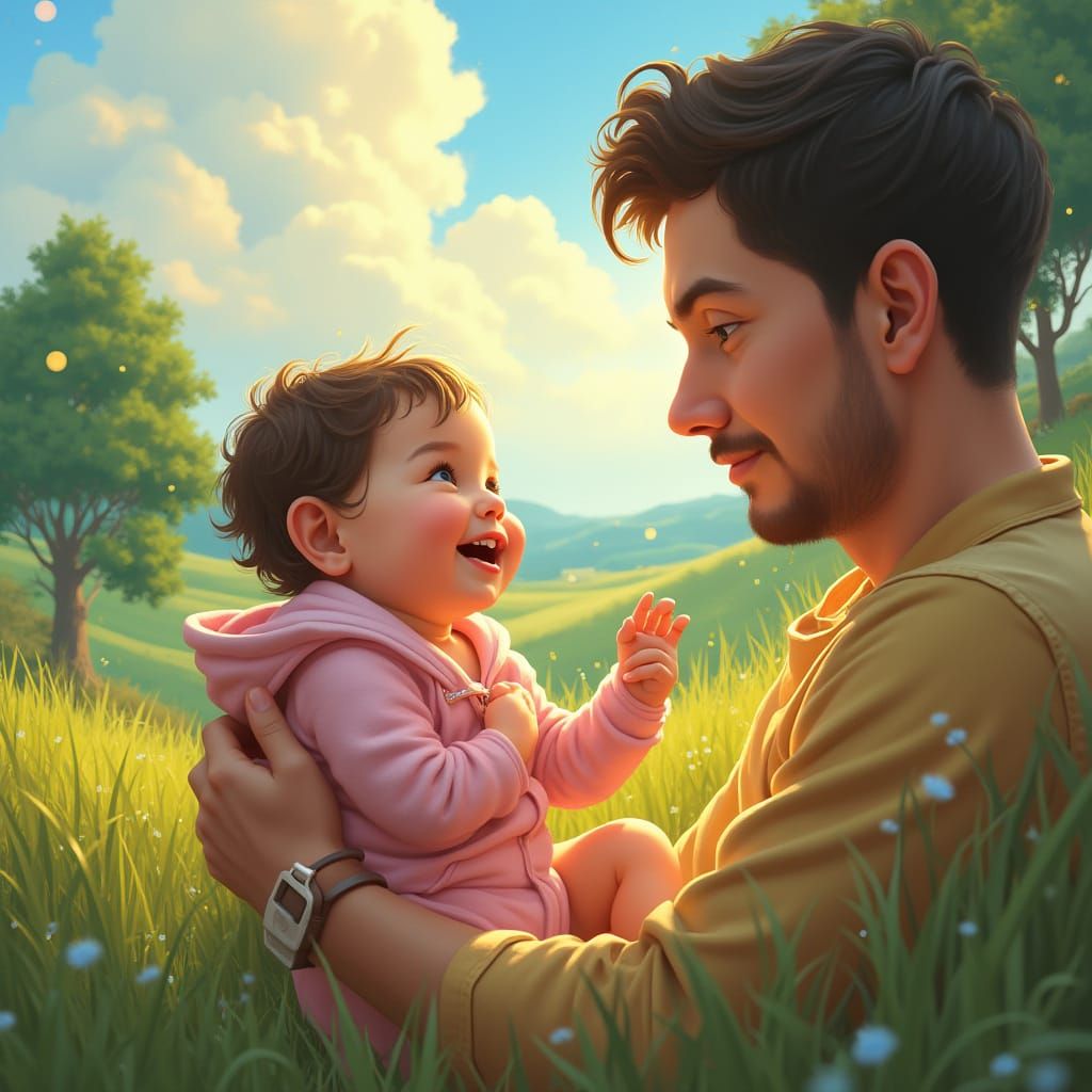 Father's Cherished Moment with Baby Girl in Whimsical Meadow