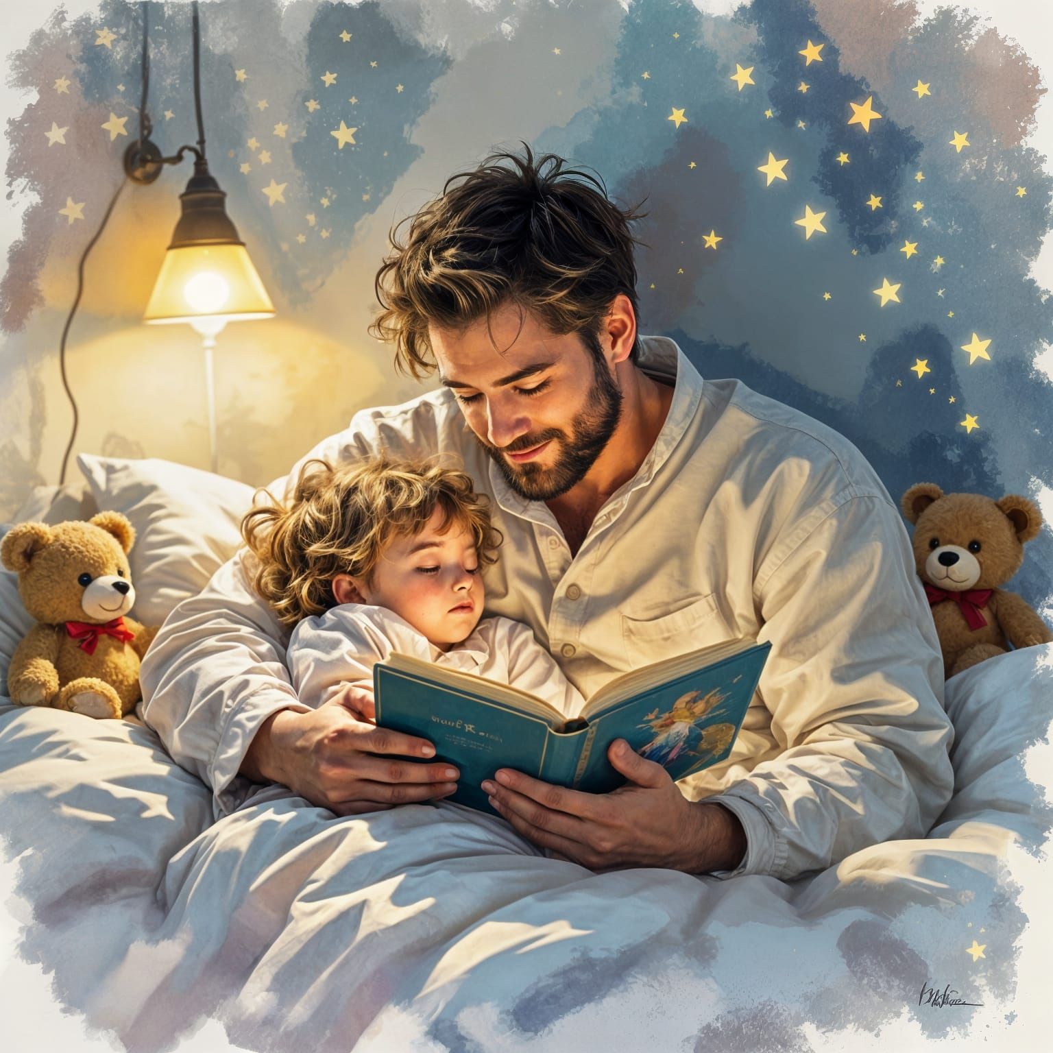 Father and Child Reading, Watercolor Masterpiece