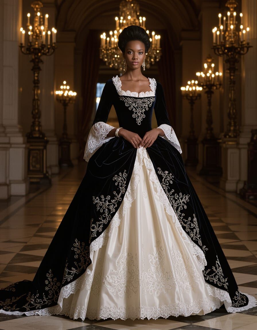 Elegant Evening Dress in Opulent Late 1800s Style